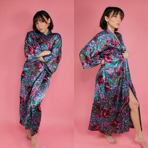 Vintage California Dynasty Jewel Tone Satin Floral Robe S